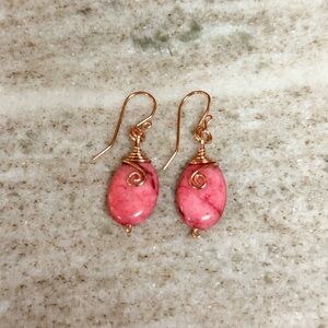 Artisan Oval Pink Agate Stone Wire Wrapped Dangle Earrings